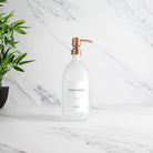 Labelled Frosted White Glass Dispenser Bottle With Rose Gold Pump - Namie Home