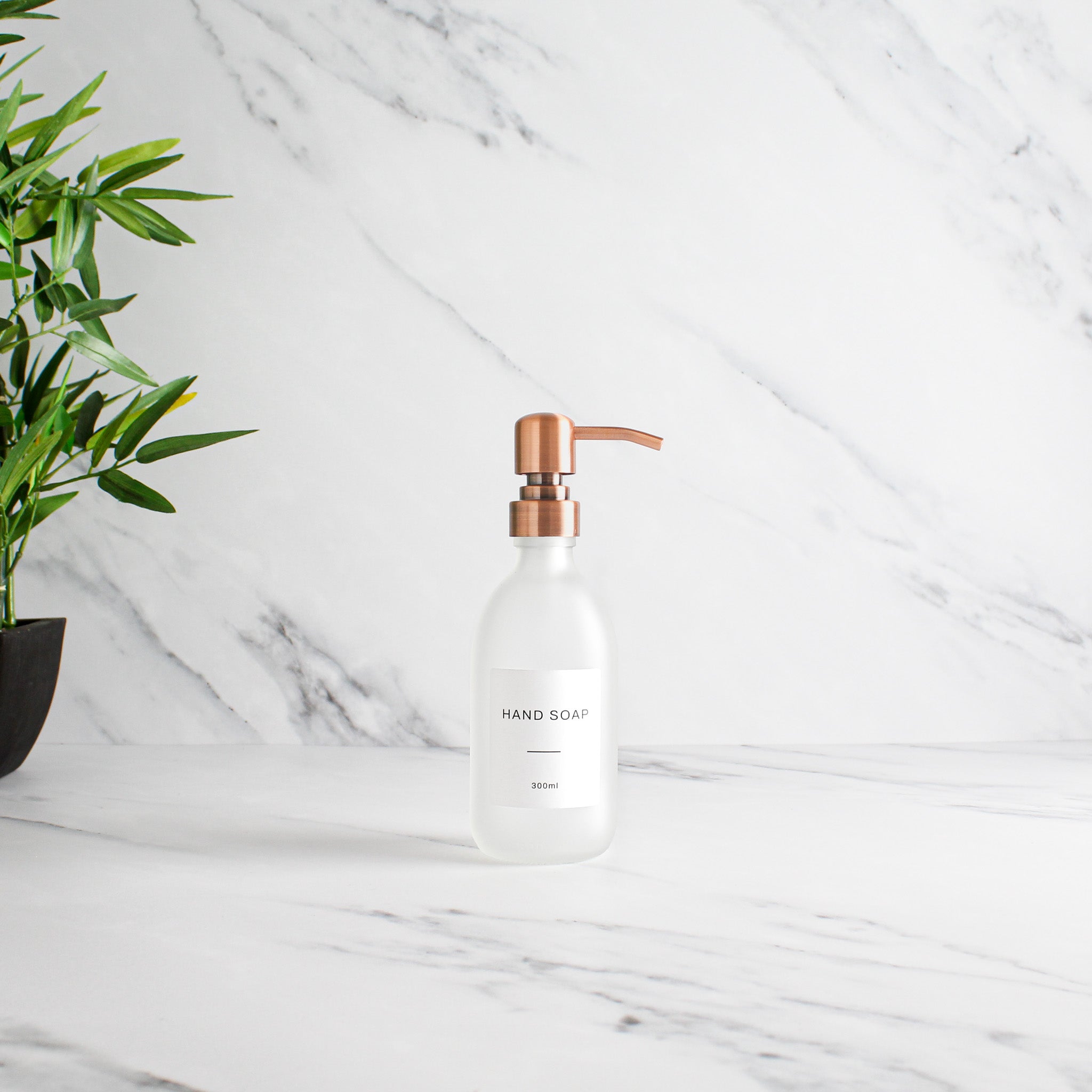 Labelled Frosted White Glass Dispenser Bottle With Rose Gold Pump - Namie Home