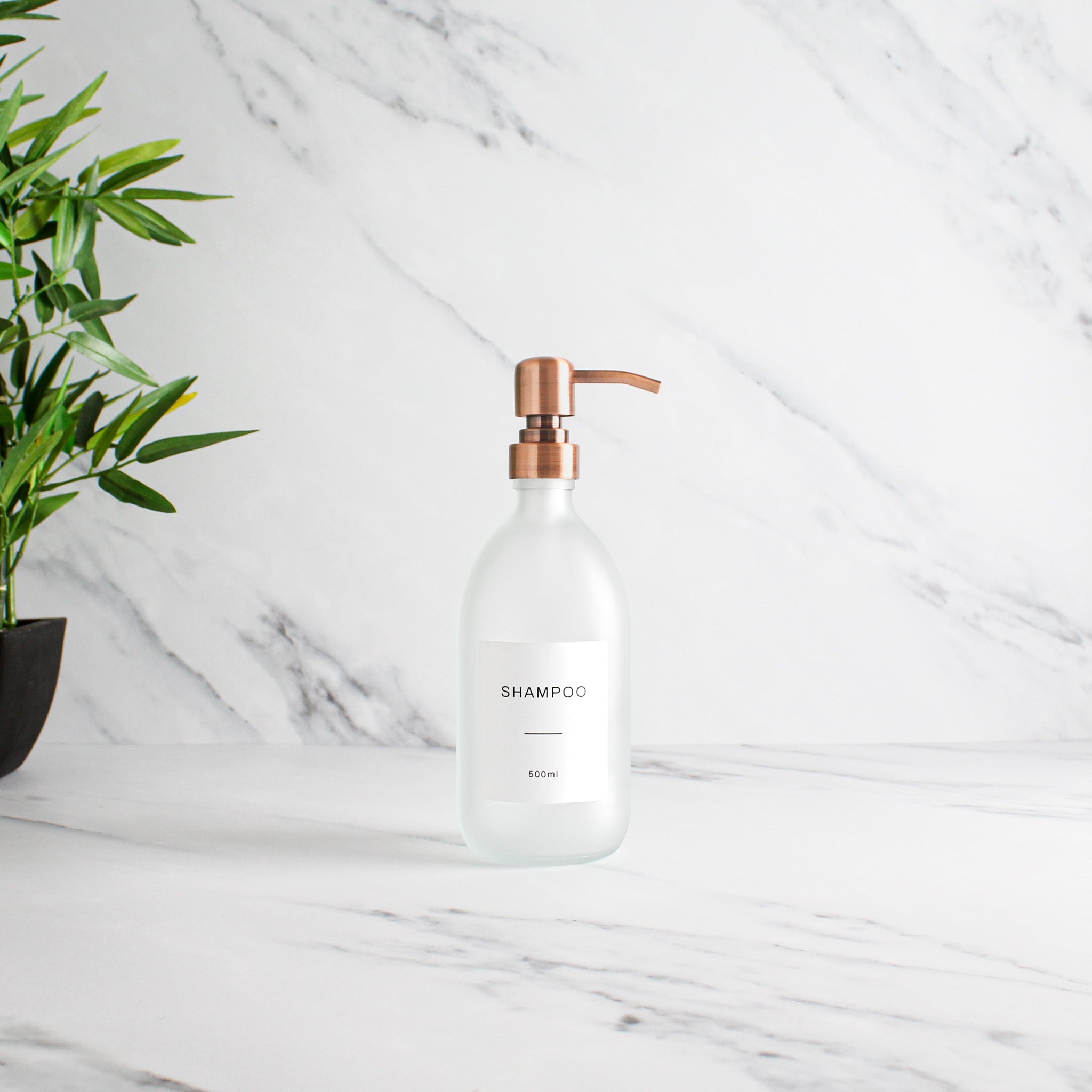 Labelled Frosted White Glass Dispenser Bottle With Rose Gold Pump - Namie Home