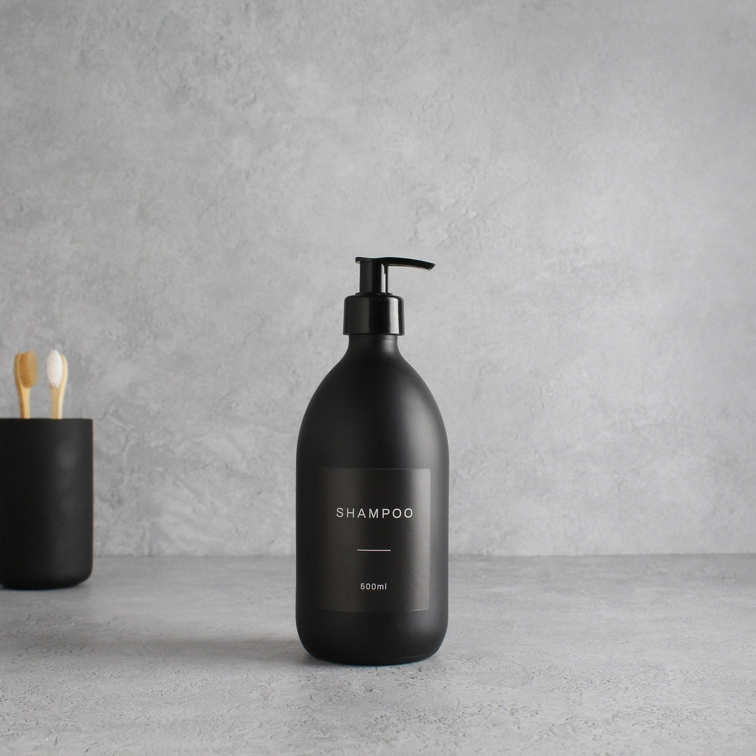 Labelled Matte Black Glass Dispenser Bottle With Black Pump - Namie Home