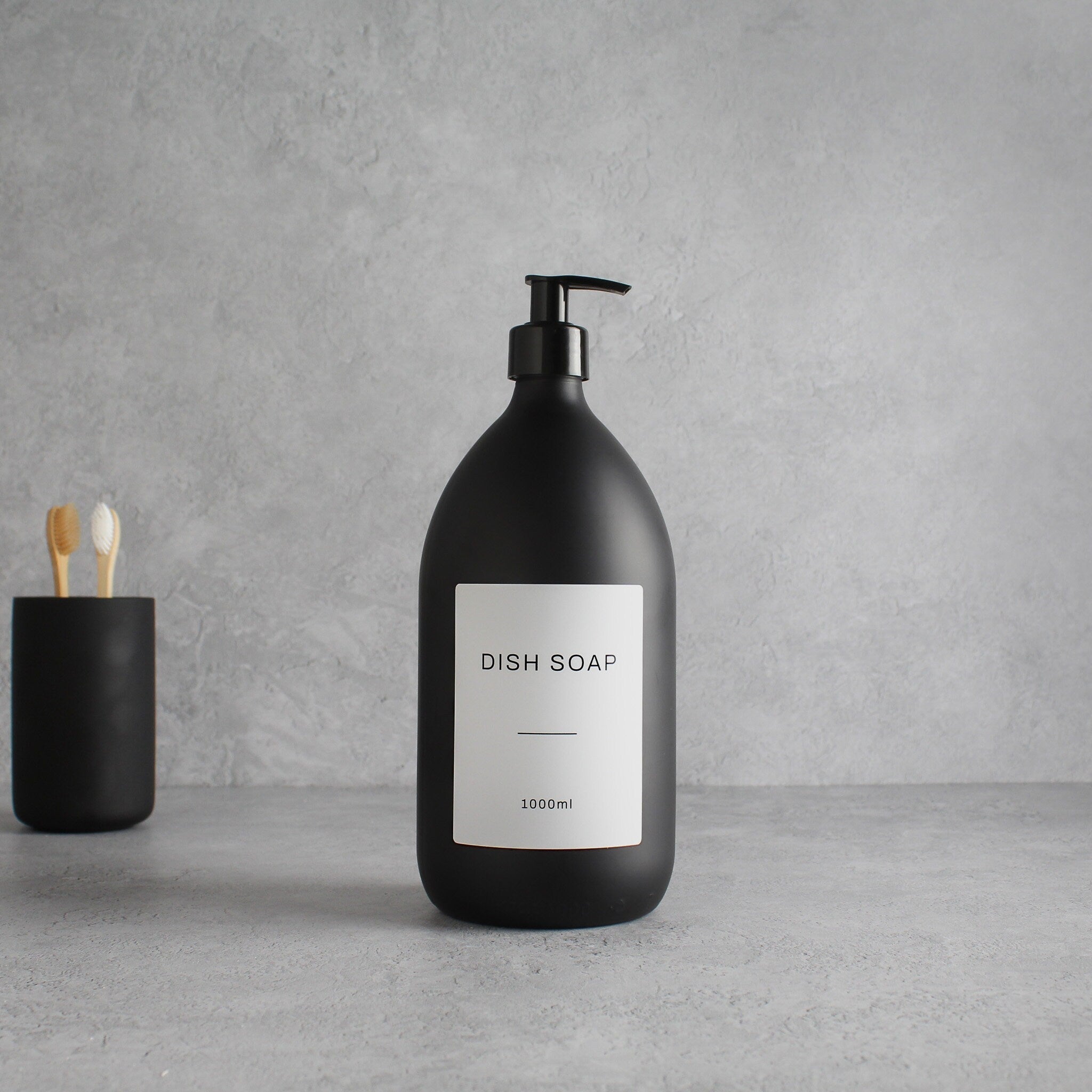 Labelled Matte Black Glass Dispenser Bottle With Black Pump - Namie Home