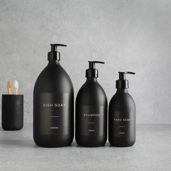 Labelled Matte Black Glass Dispenser Bottle With Black Pump - Namie Home