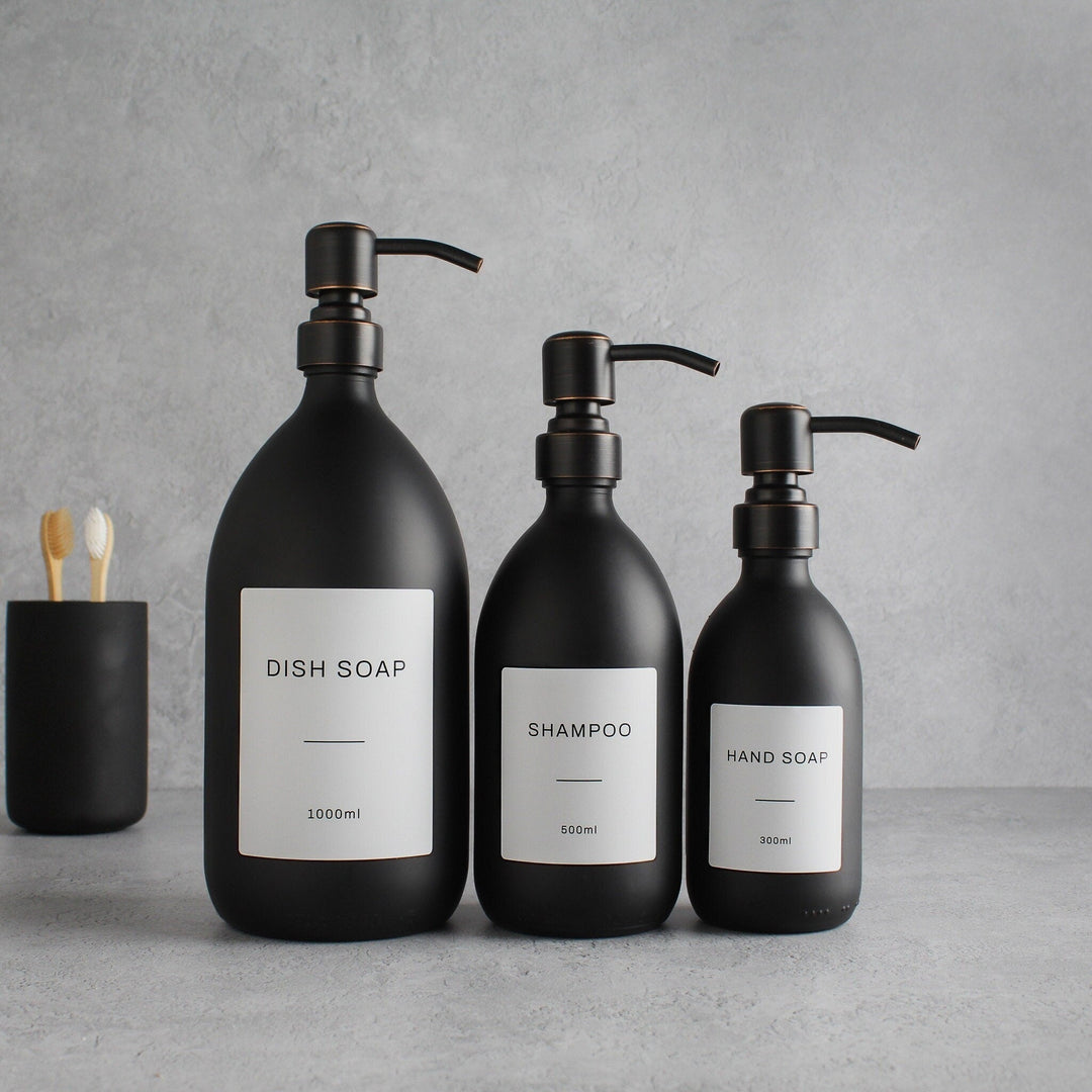 Labelled Matte Black Glass Dispenser Bottle With Black/Copper Pump - Namie Home