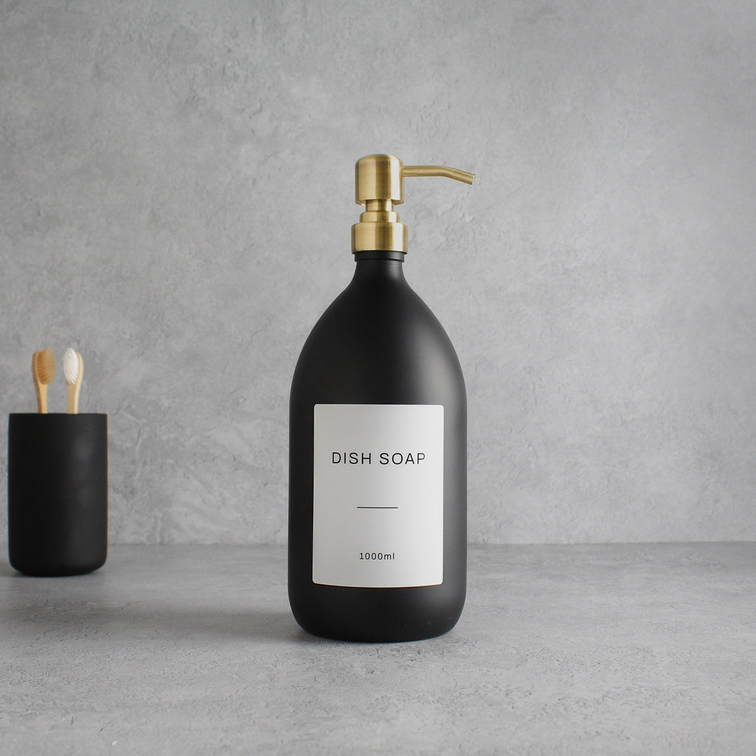 Labelled Matte Black Glass Dispenser Bottle With Gold Pump - Namie Home