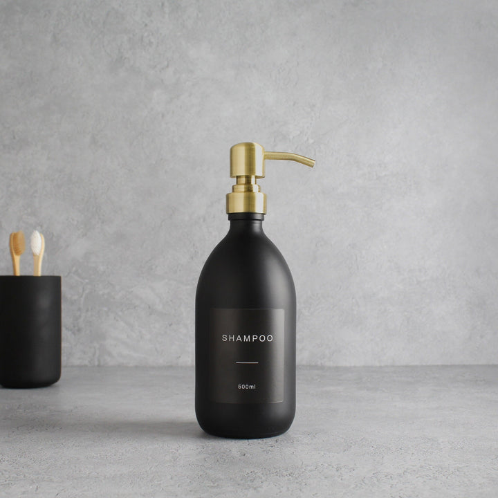 Labelled Matte Black Glass Dispenser Bottle With Gold Pump - Namie Home