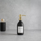 Labelled Matte Black Glass Dispenser Bottle With Gold Pump - Namie Home