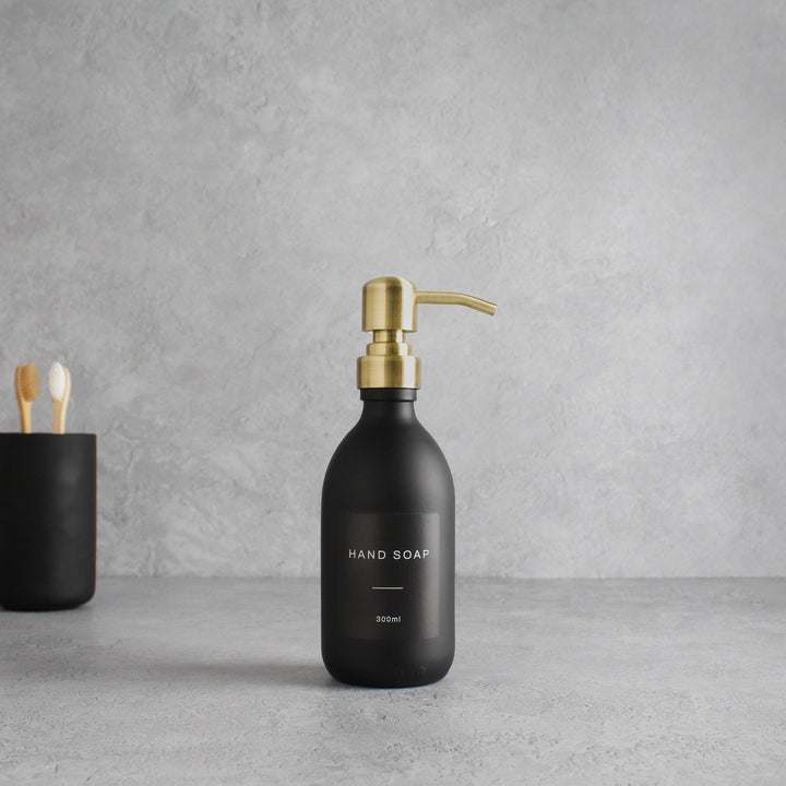 Labelled Matte Black Glass Dispenser Bottle With Gold Pump - Namie Home