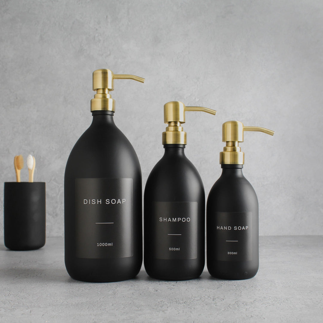 Labelled Matte Black Glass Dispenser Bottle With Gold Pump - Namie Home