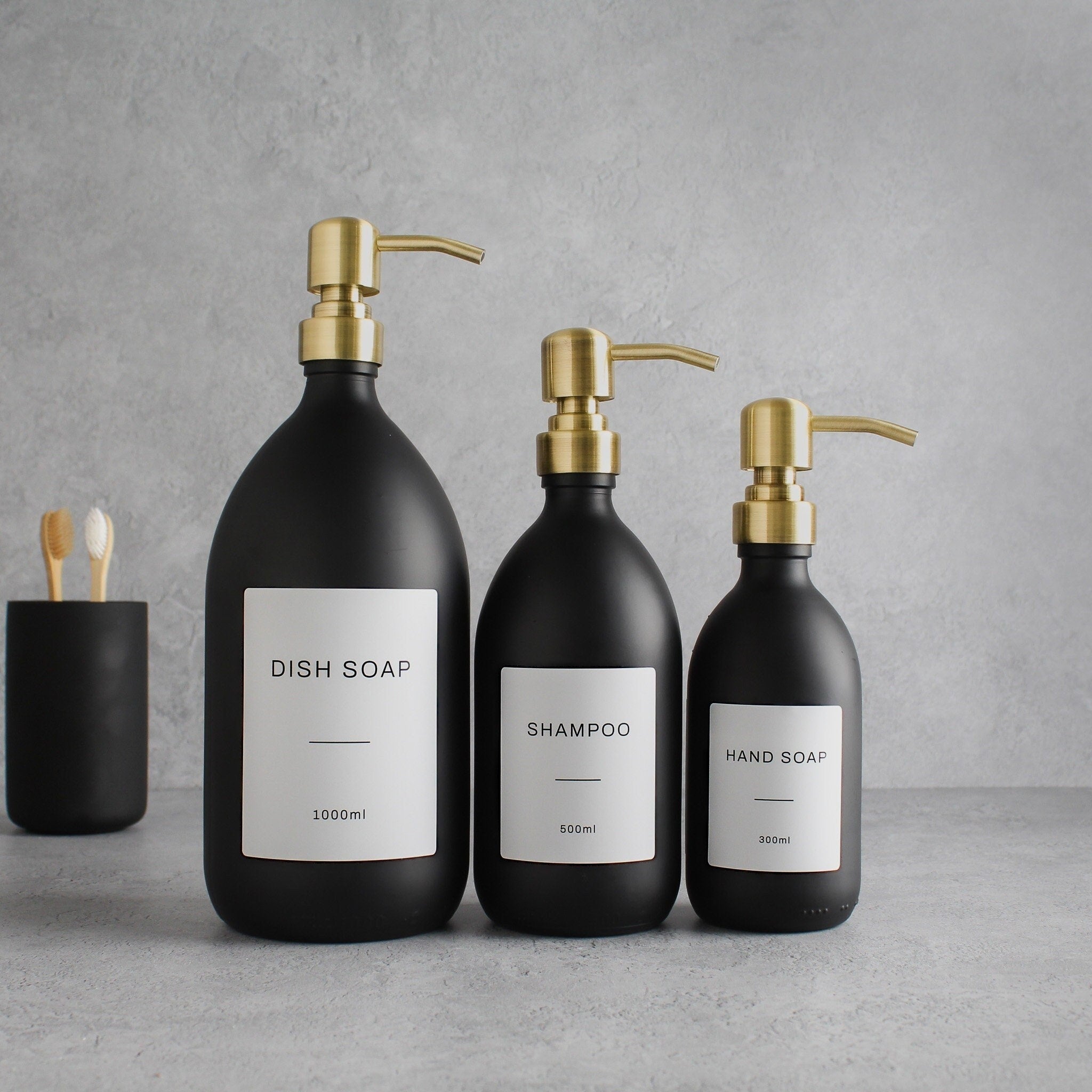 Labelled Matte Black Glass Dispenser Bottle With Gold Pump - Namie Home