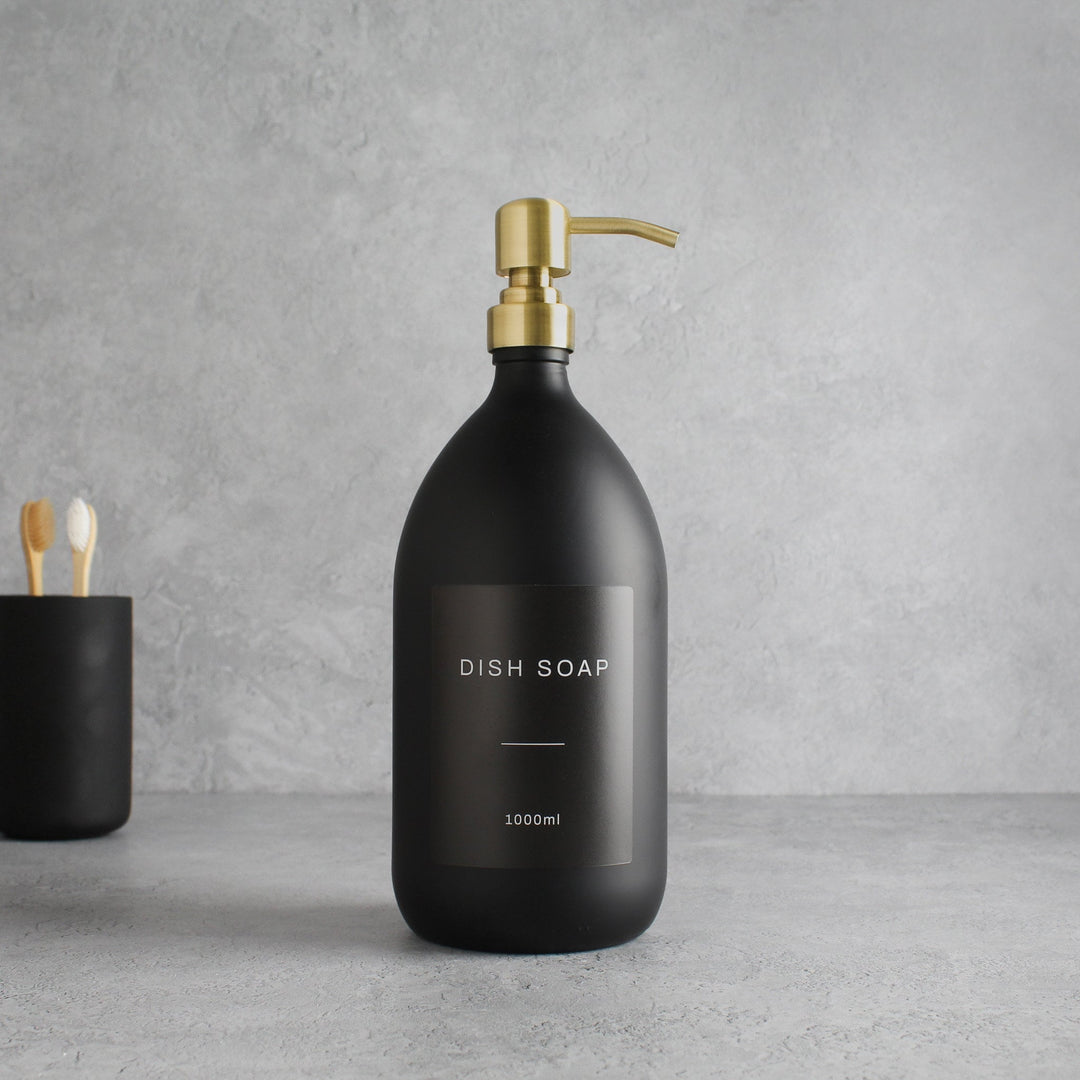 Labelled Matte Black Glass Dispenser Bottle With Gold Pump - Namie Home