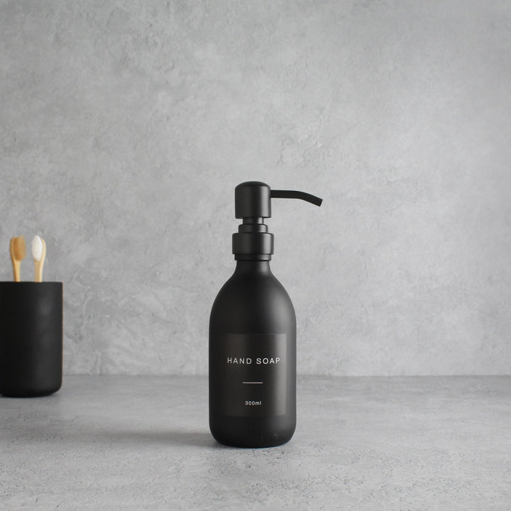 Labelled Matte Black Glass Dispenser Bottle With Matte Black Pump - Namie Home