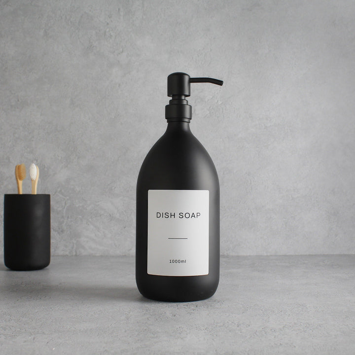 Labelled Matte Black Glass Dispenser Bottle With Matte Black Pump - Namie Home