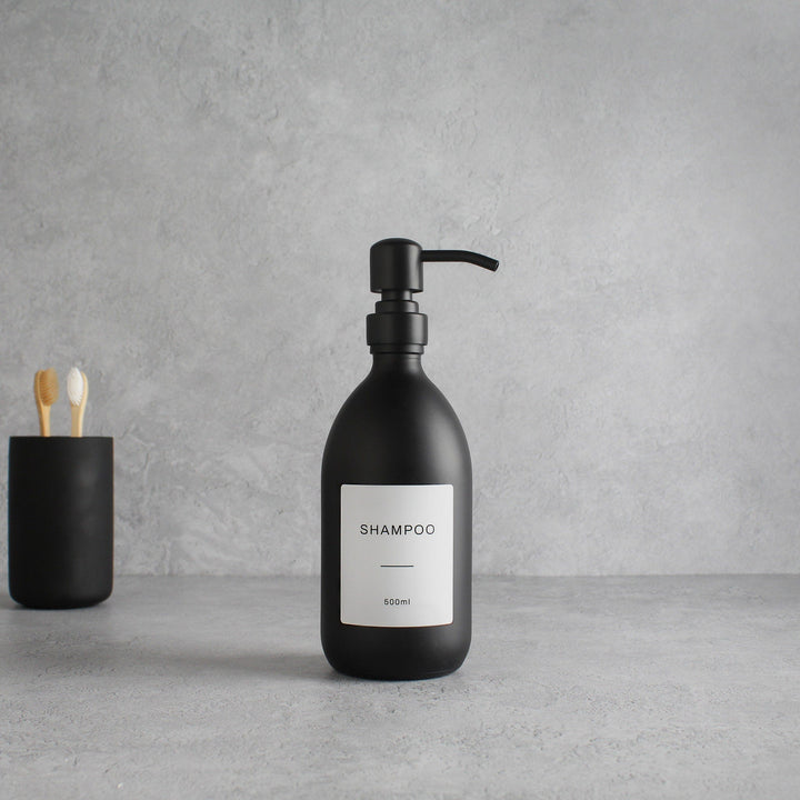 Labelled Matte Black Glass Dispenser Bottle With Matte Black Pump - Namie Home