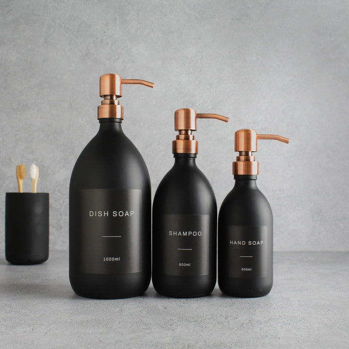 Labelled Matte Black Glass Dispenser Bottle With Rose Gold Pump - Namie Home