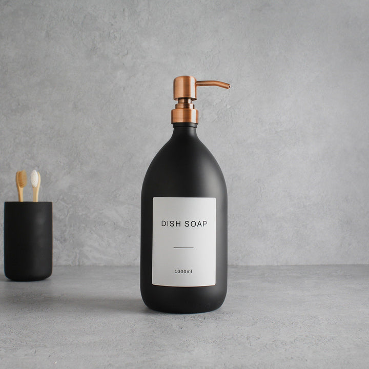 Labelled Matte Black Glass Dispenser Bottle With Rose Gold Pump - Namie Home