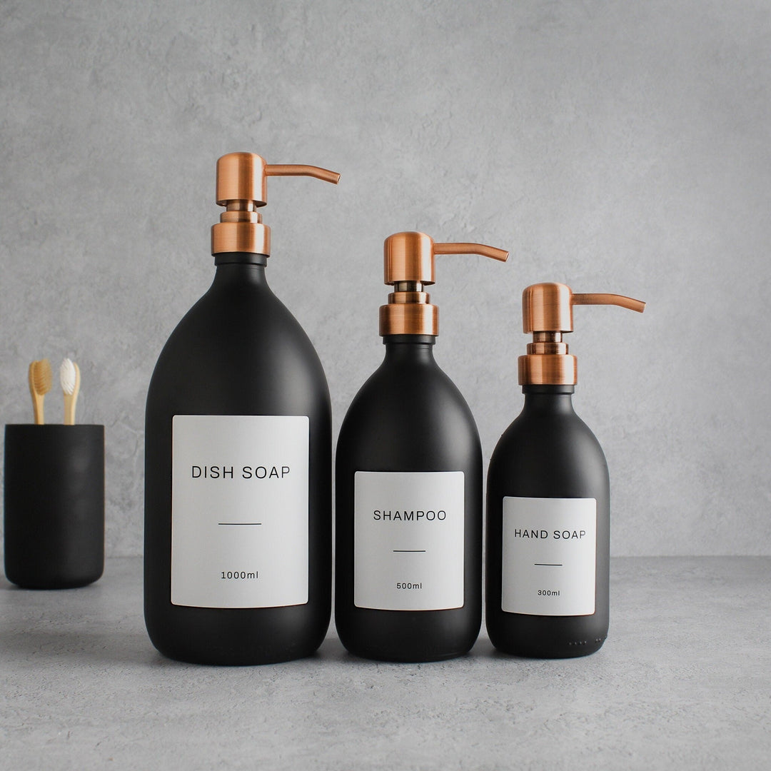 Labelled Matte Black Glass Dispenser Bottle With Rose Gold Pump - Namie Home