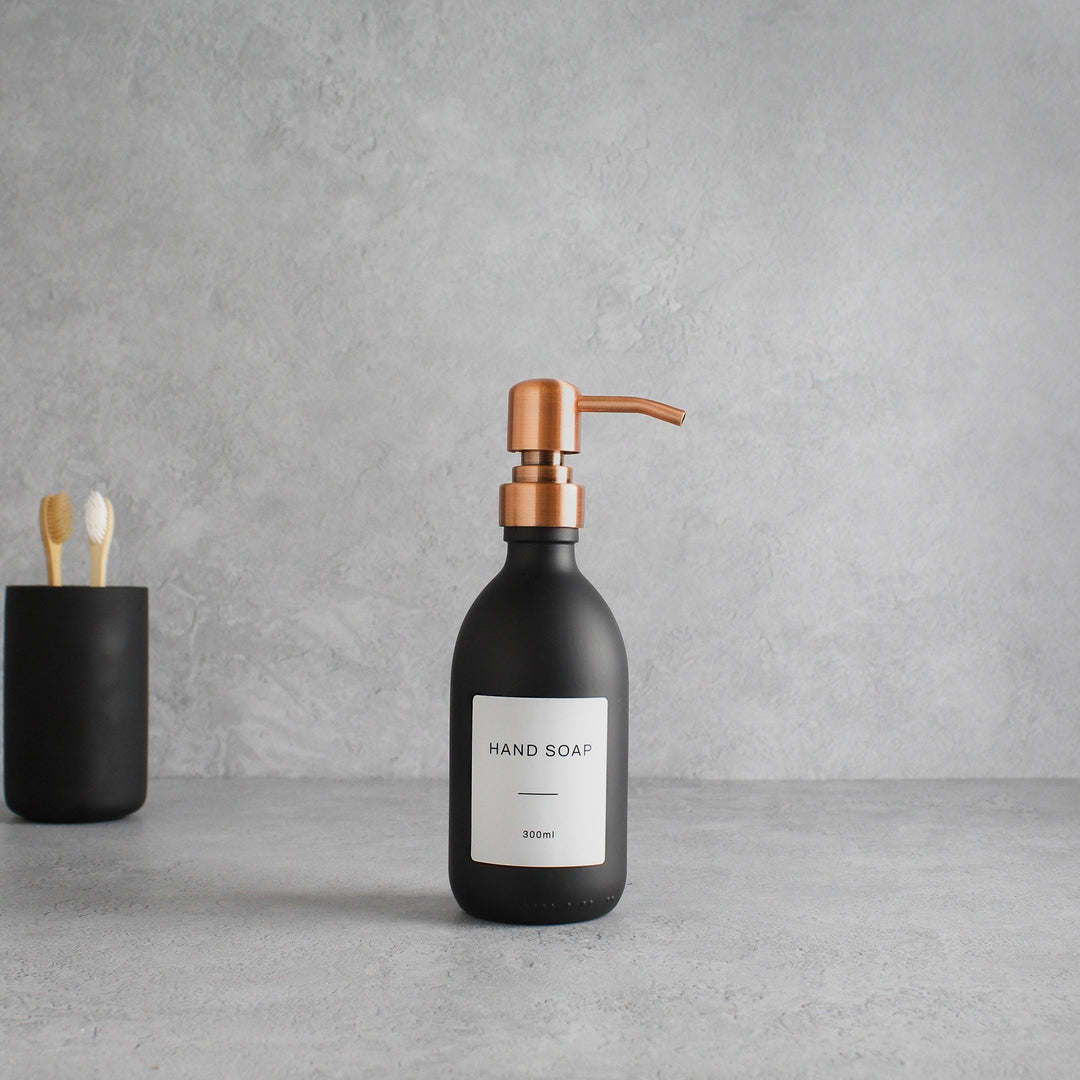 Labelled Matte Black Glass Dispenser Bottle With Rose Gold Pump - Namie Home