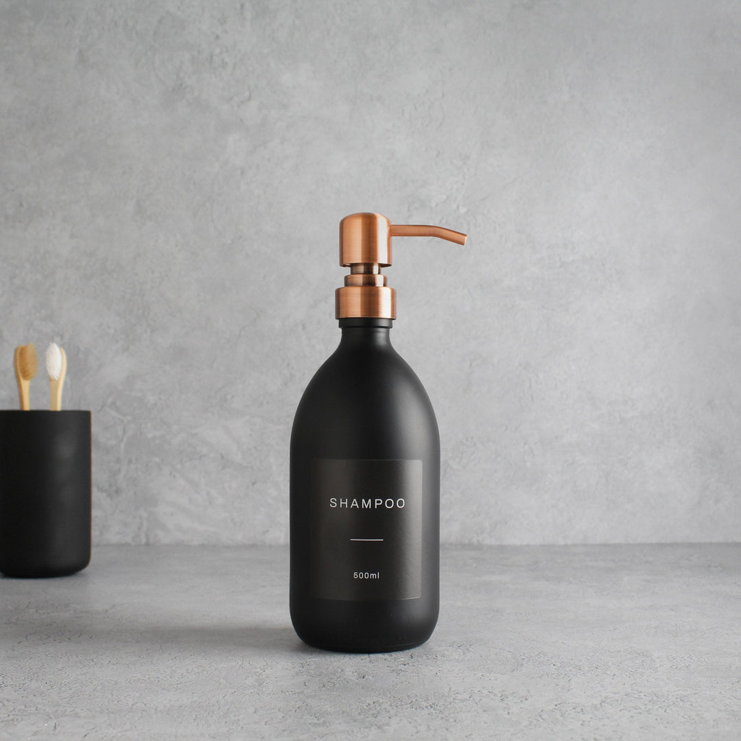 Labelled Matte Black Glass Dispenser Bottle With Rose Gold Pump - Namie Home