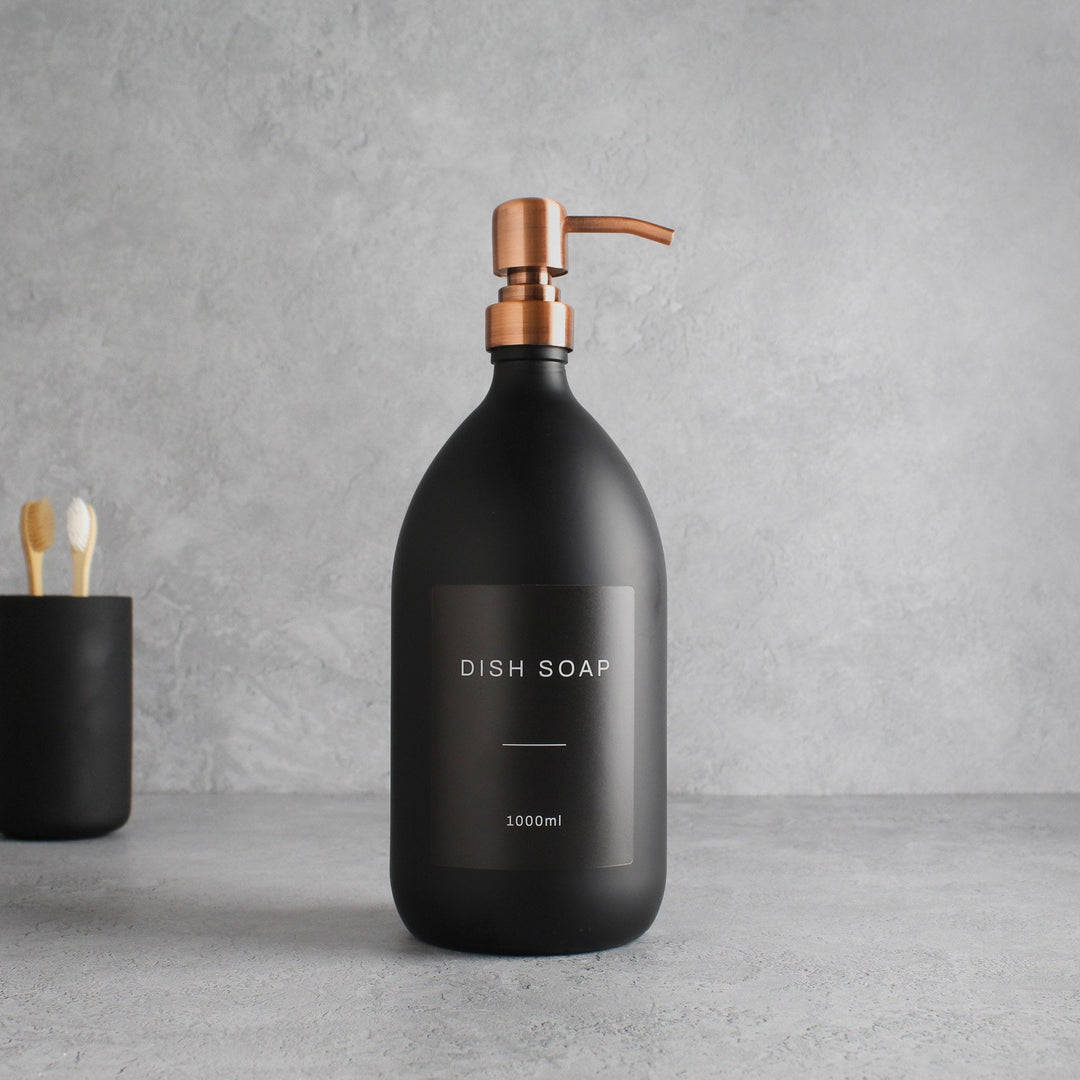 Labelled Matte Black Glass Dispenser Bottle With Rose Gold Pump - Namie Home