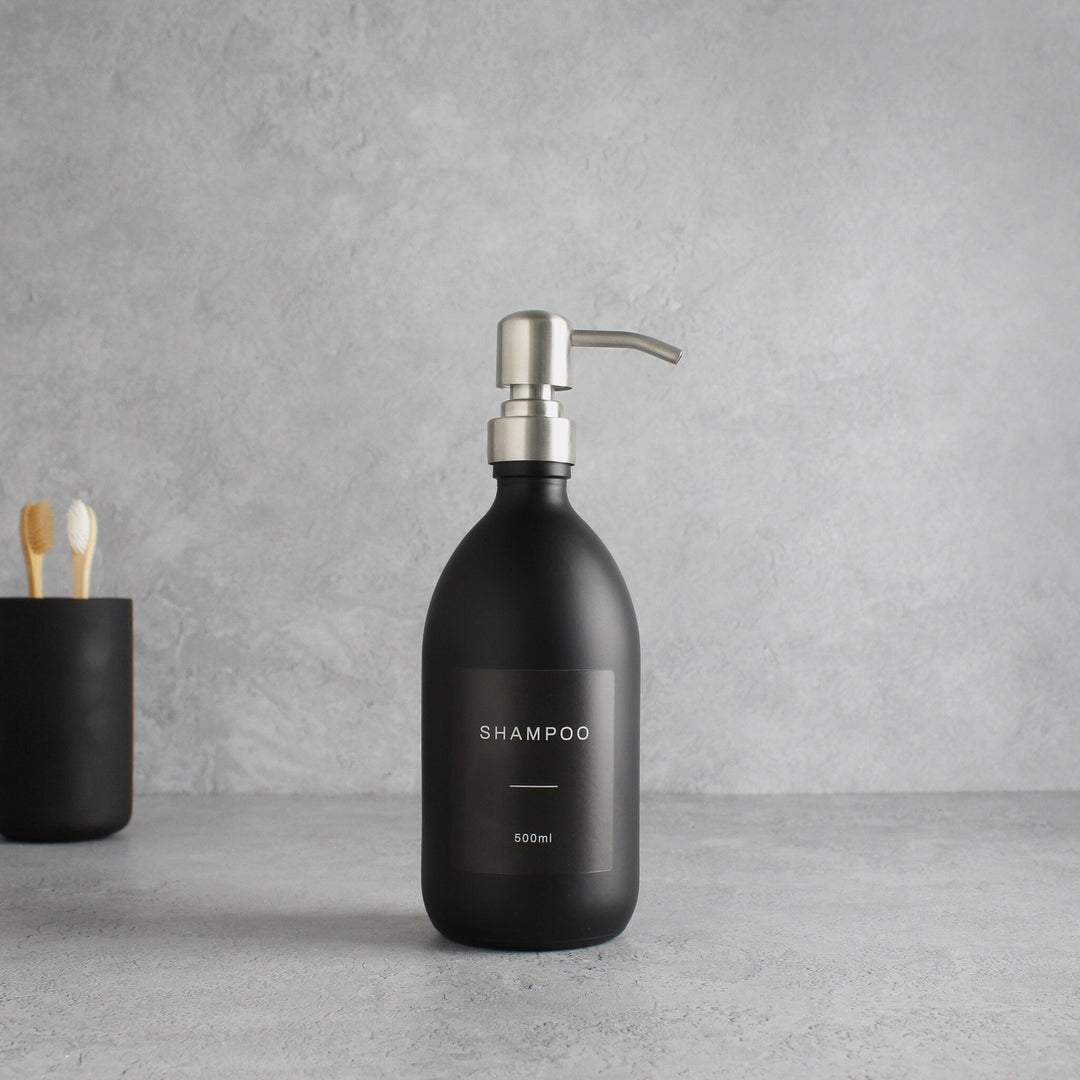 Labelled Matte Black Glass Dispenser Bottle With Silver Pump - Namie Home