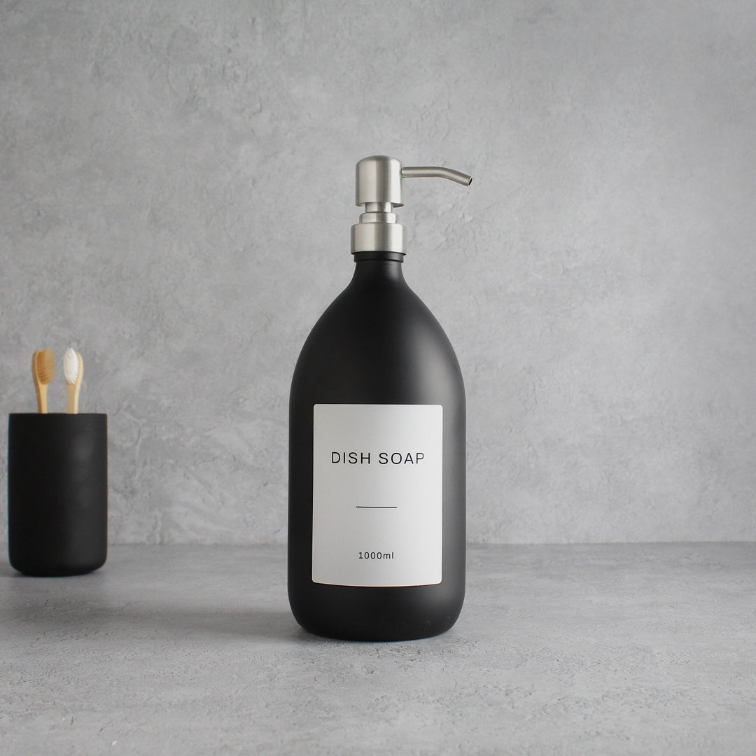 Labelled Matte Black Glass Dispenser Bottle With Silver Pump - Namie Home