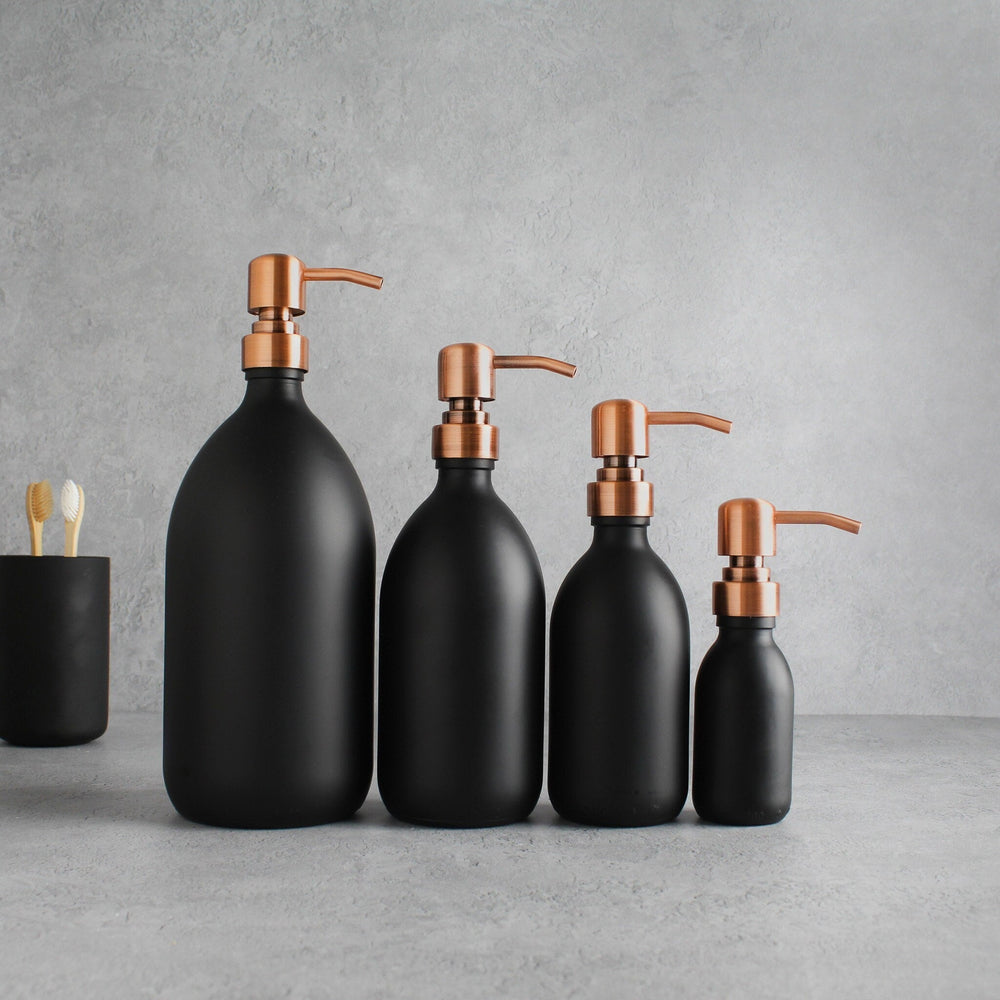 Matte Black Glass Dispenser Bottle With Rose Gold Pump - Namie Home