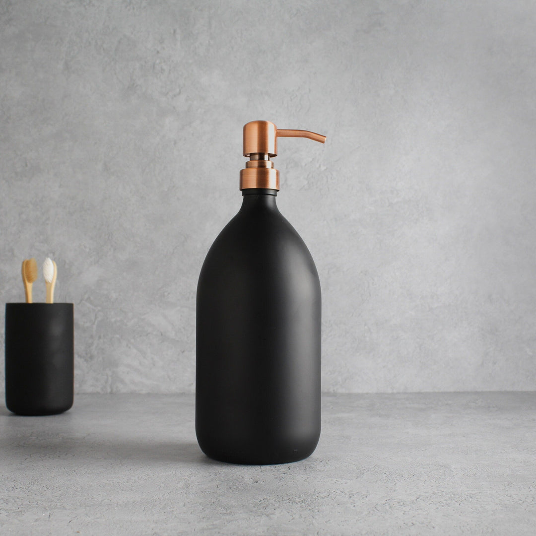 Matte Black Glass Dispenser Bottle With Rose Gold Pump - Namie Home