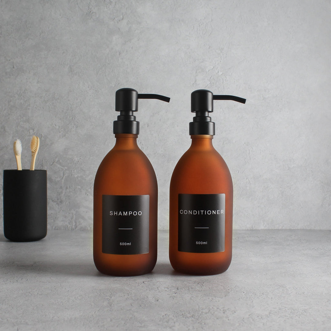 Shampoo & Conditioner Frosted Amber Glass Set - Namie Home